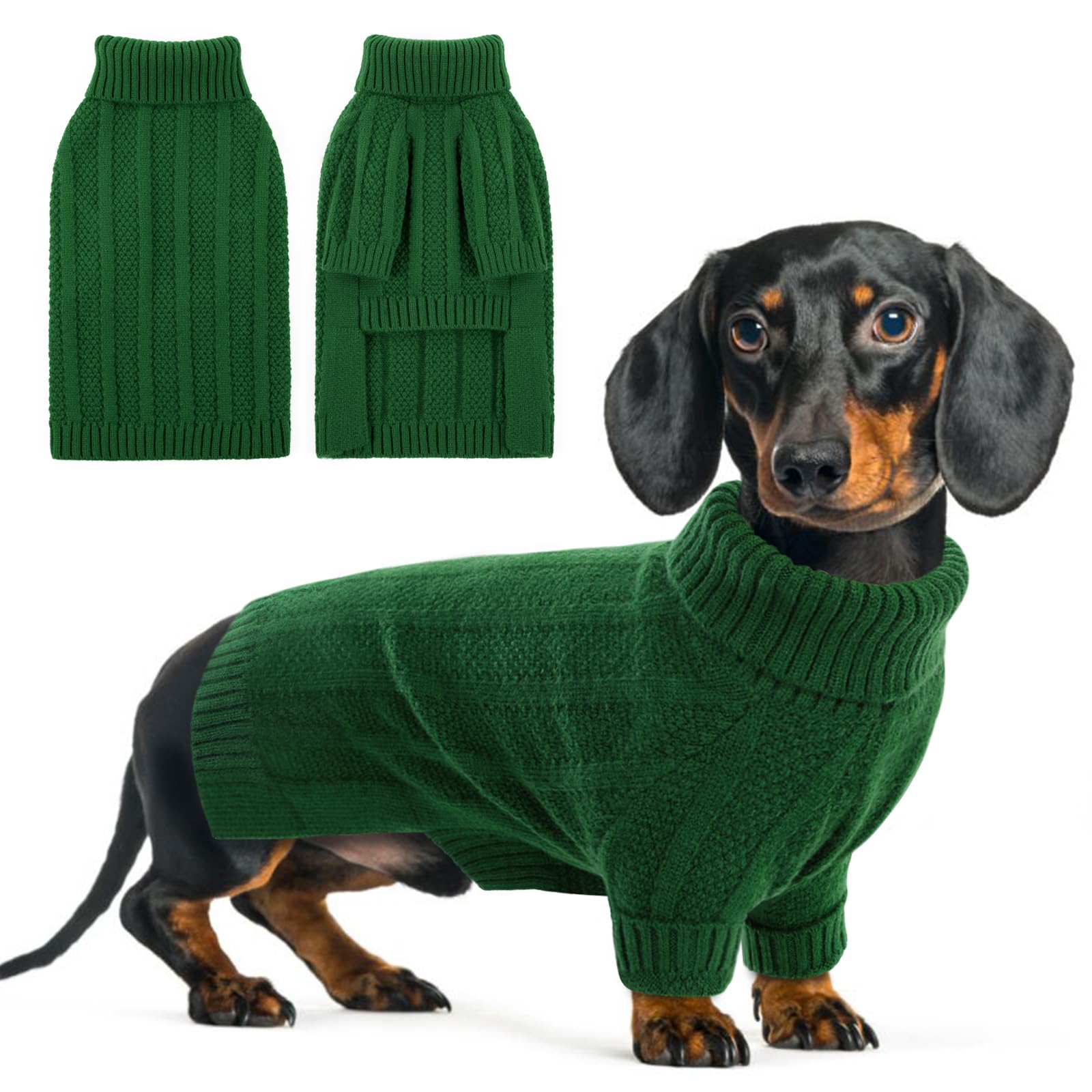 Queenmore XSmall Dog Sweater green, front view, cozy warmth for winter walks.