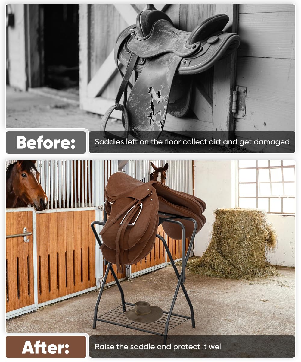 Queension foldable saddle rack with non-slip arms securing a saddle firmly.