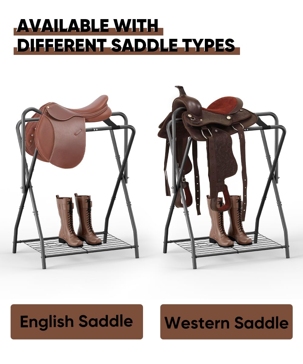 Queension saddle rack in a trailer for on the go gear organization.
