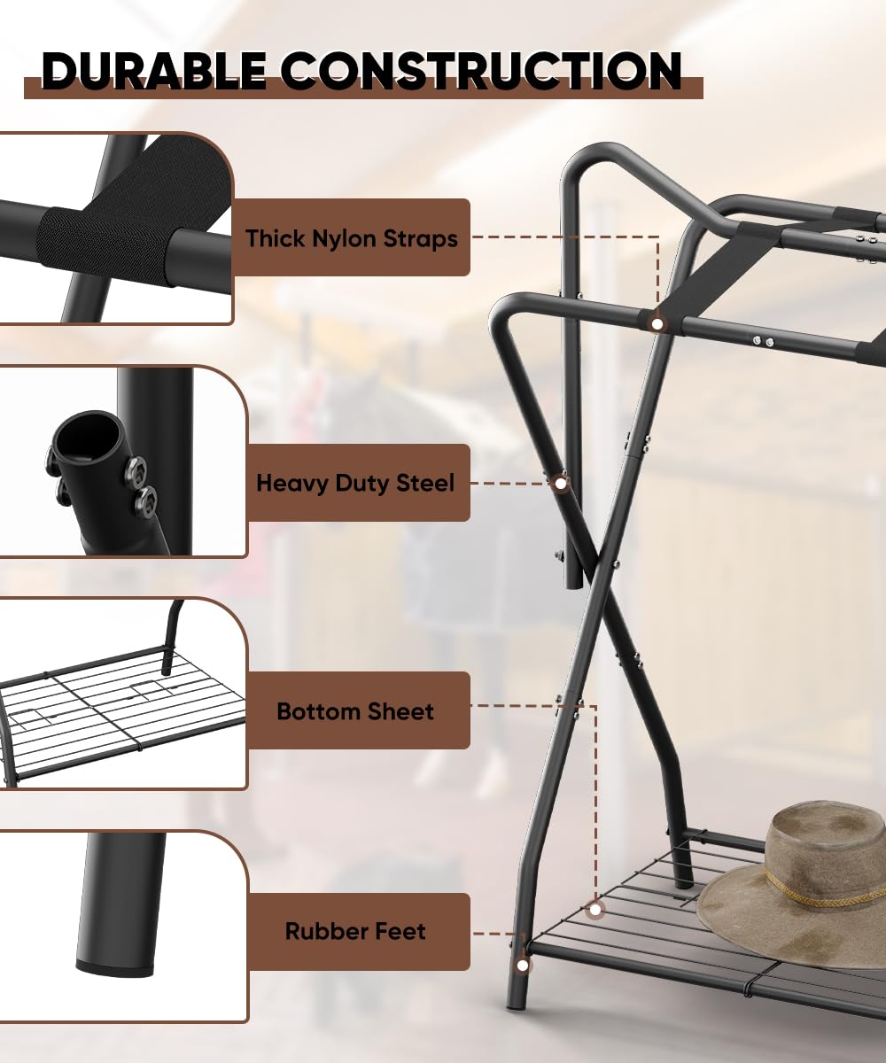 Queension saddle rack mounted in stable maximizing space and saddle security.