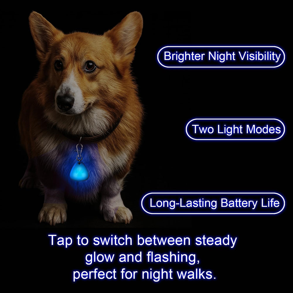 QUELIEN LED dog collar light showing steady vs flashing modes for versatile use.