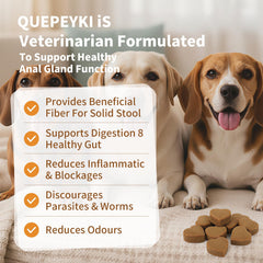 QUEPEYKI Anal Gland Chews in a serving dish showing appealing chicken-flavored treat.
