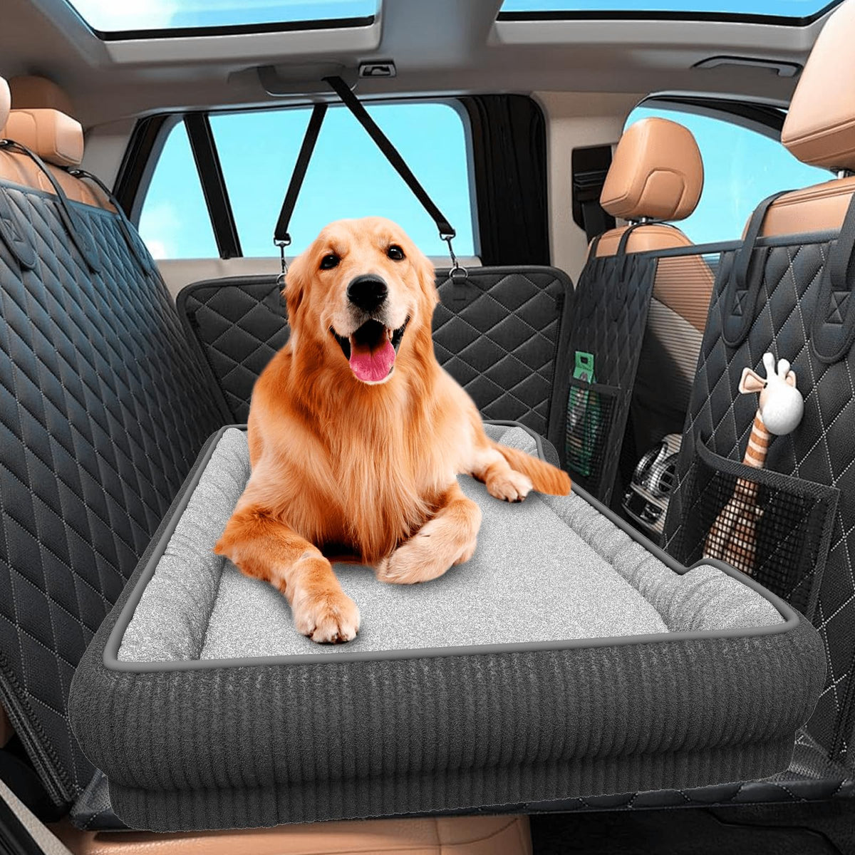 QUIBBLICK Backseat Pet Bed Mat front view showing plush car ride comfort.