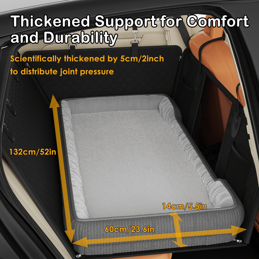 QUIBBLICK Backseat Pet Bed Mat in use on car seat provides cozy nap support.