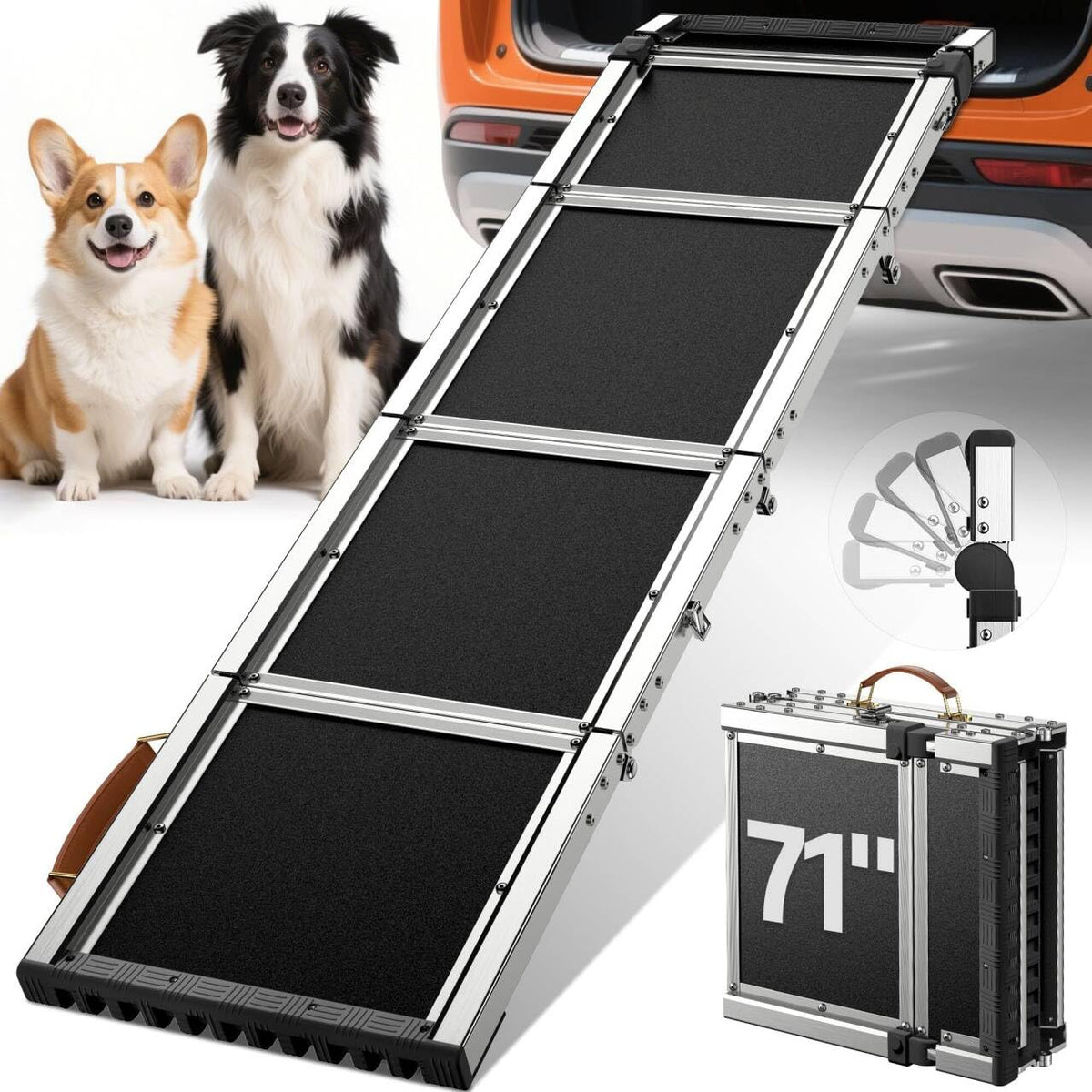 QUIETEX extra-long dog ramp 71in in use for easy car entry with large dogs