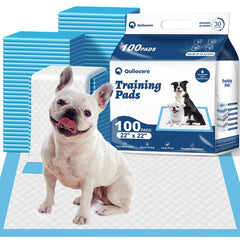 Quilocare 100-count dog pee pads pack shot for bulk training and care.