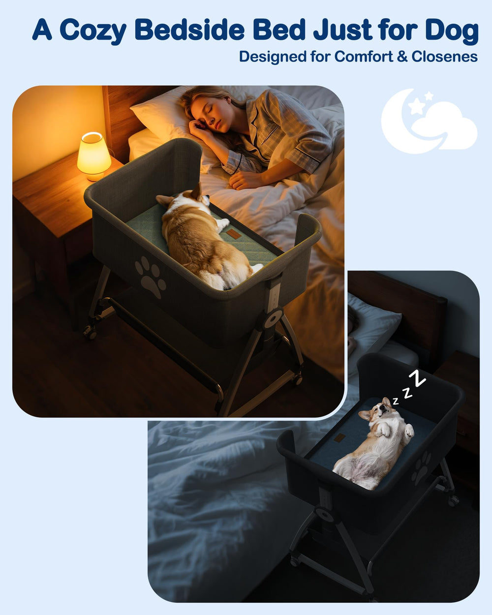 QUINTHOLAR bedside dog bed height adjustment shows customizable height for bed alignment