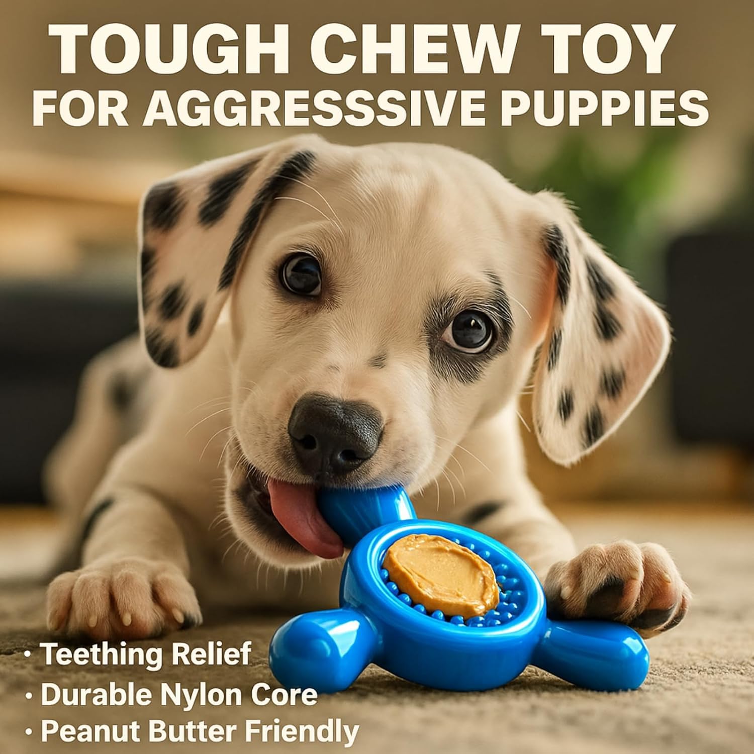 Quizvi durable nylon dog toy image emphasizes boredom relief and safe interior chewing with peanut butter grooves