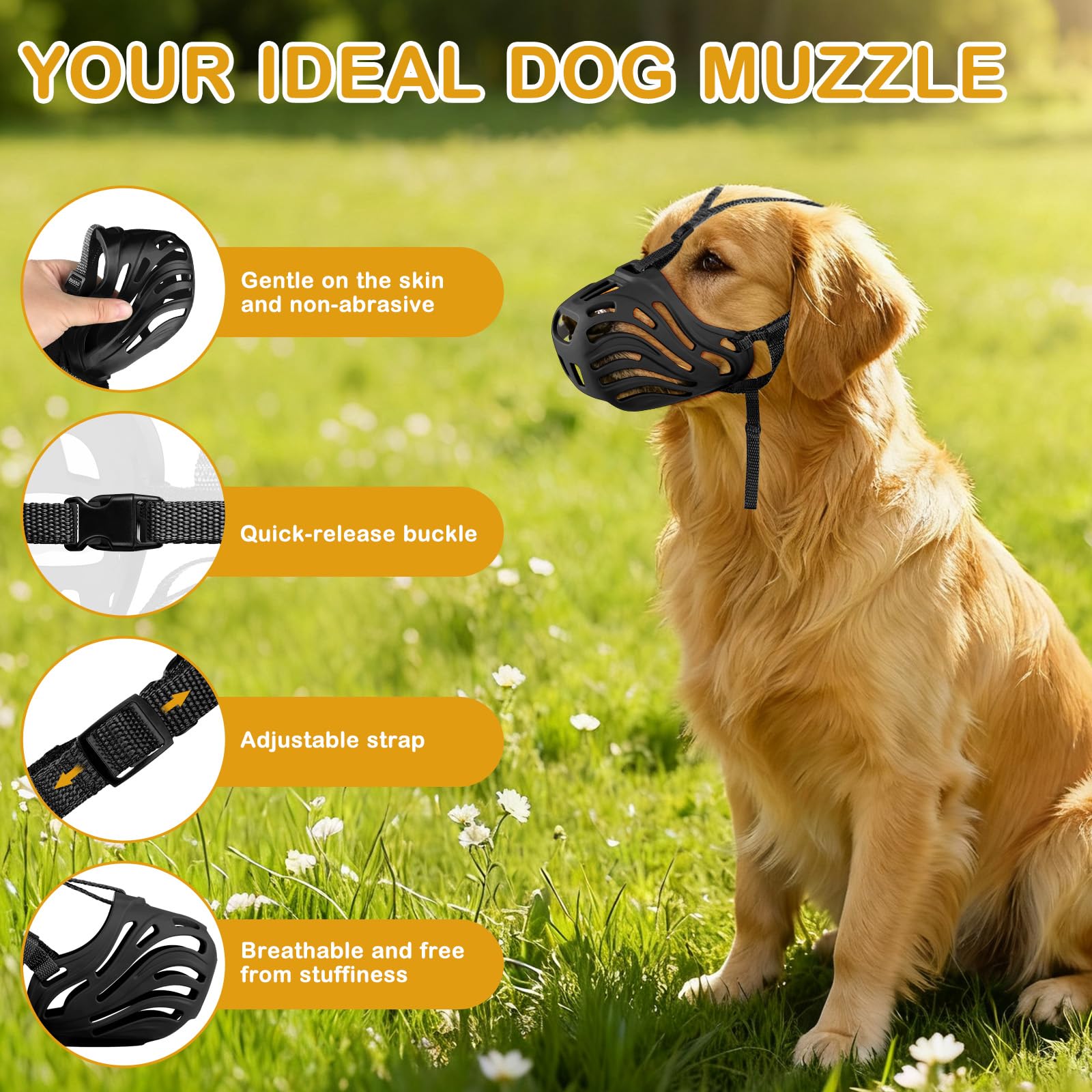 Qukcors dog muzzle adjustable strap demonstrates secure, comfortable fit.