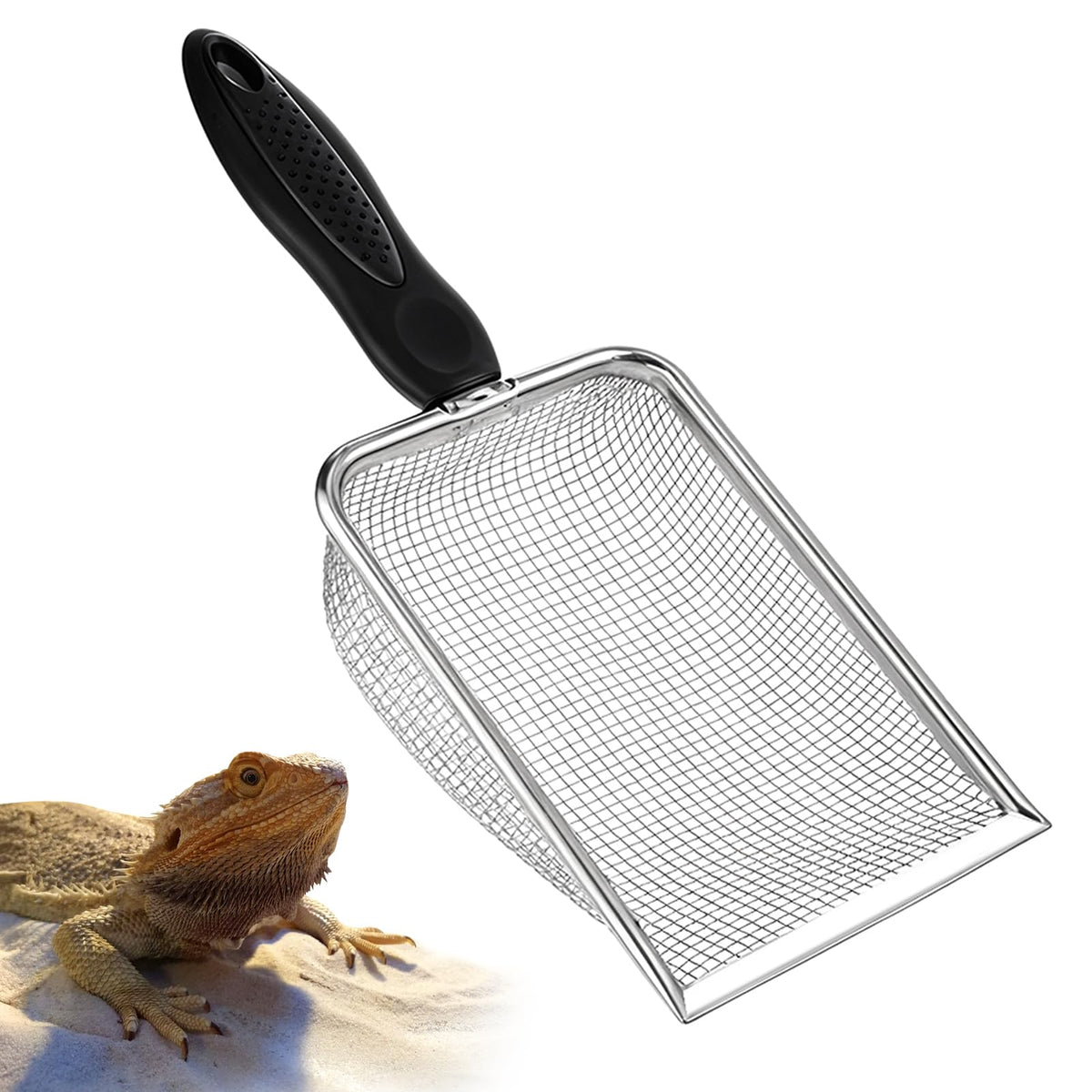 Qulkws stainless steel mesh litter shovel front view for precise sand filtering.