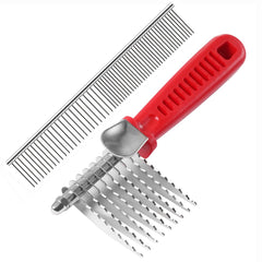 QUMY dog comb de-matting rake removes knots during grooming.