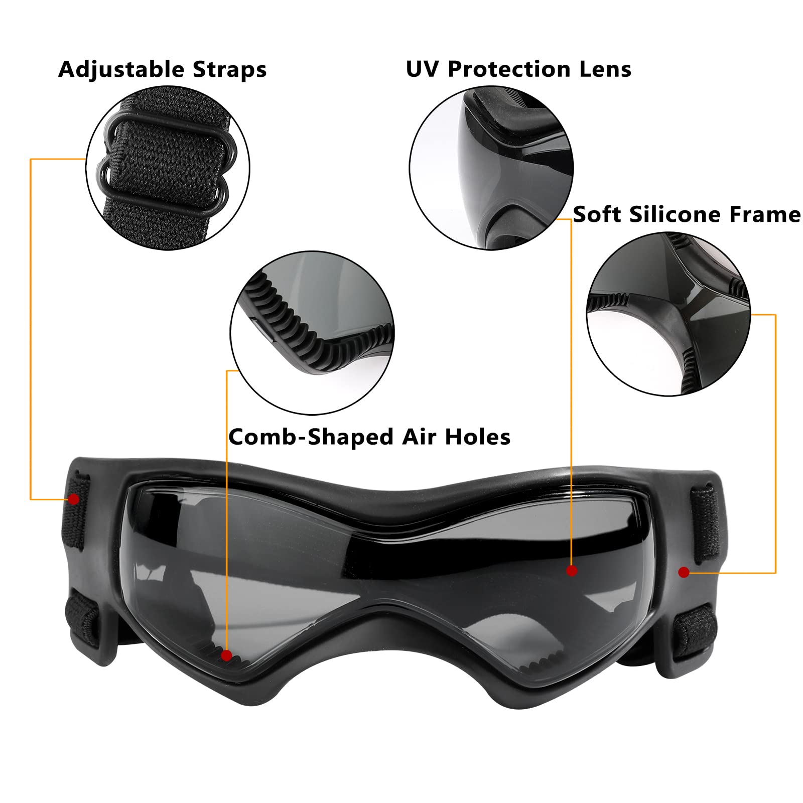 QUMY dog goggles adjustable strap ensures secure, comfortable fit.