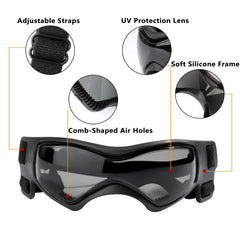 QUMY dog goggles adjustable strap ensures secure, comfortable fit.