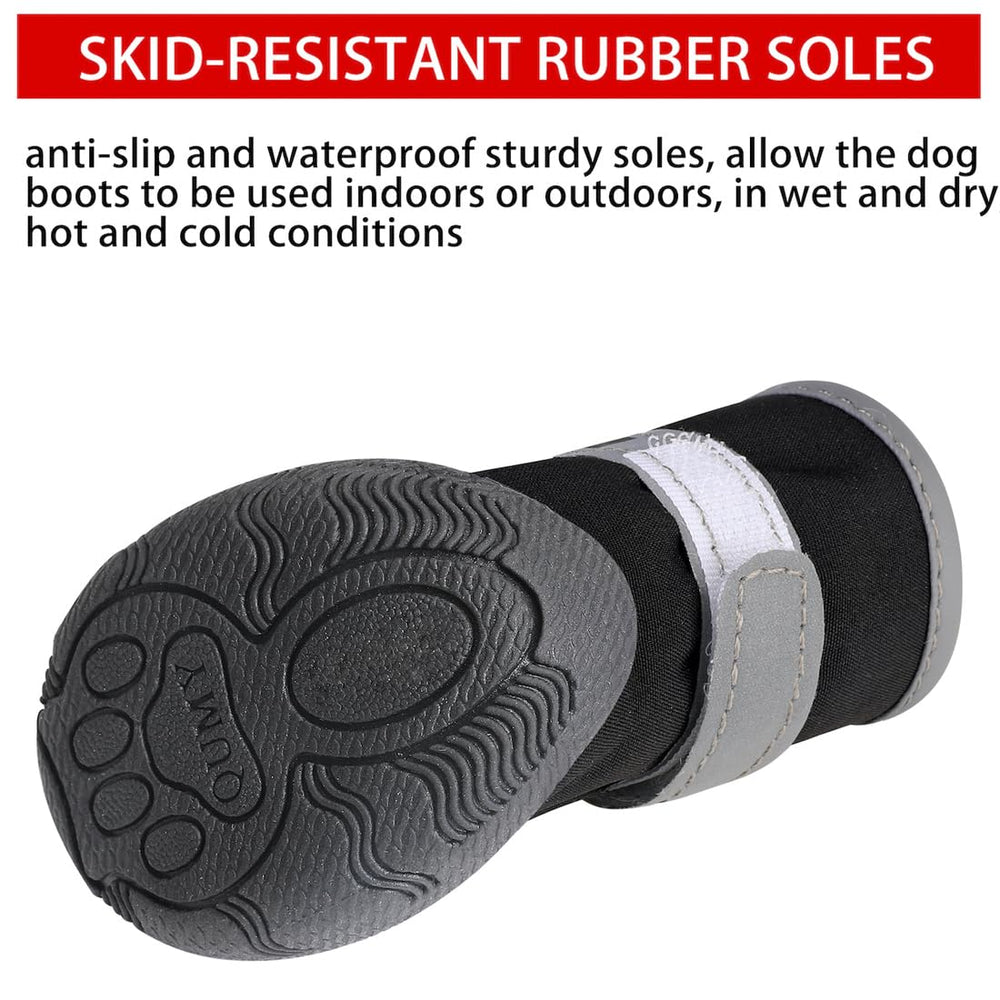 QUMY dog shoes adjustable reflective strap for a secure fit at night.