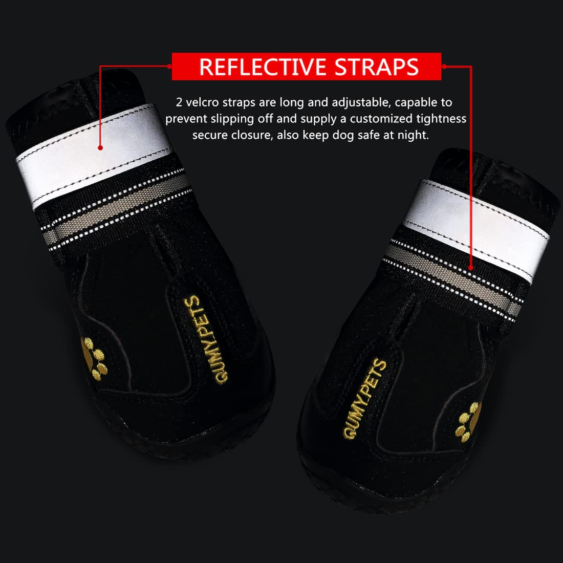 QUMY dog shoes easy-on-off design with reflective strap for night safety.