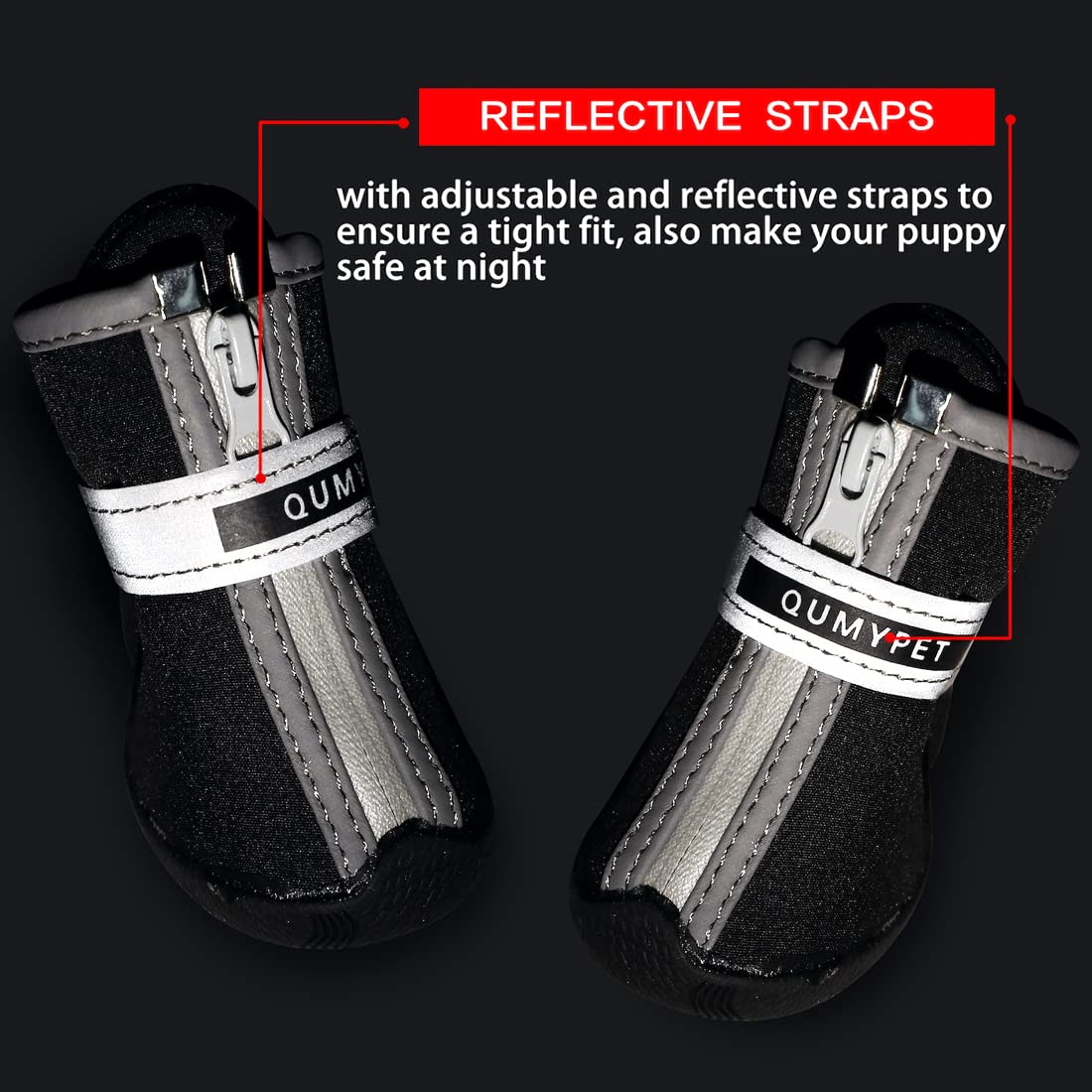 QUMY dog shoes worn outdoors during walks offer protection from rough terrain.
