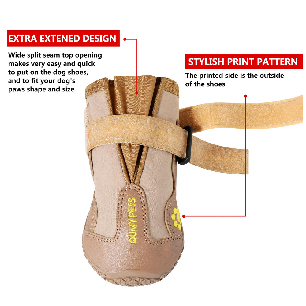 QUMY dog shoes with rugged slip-proof soles for stable traction on rough terrain.