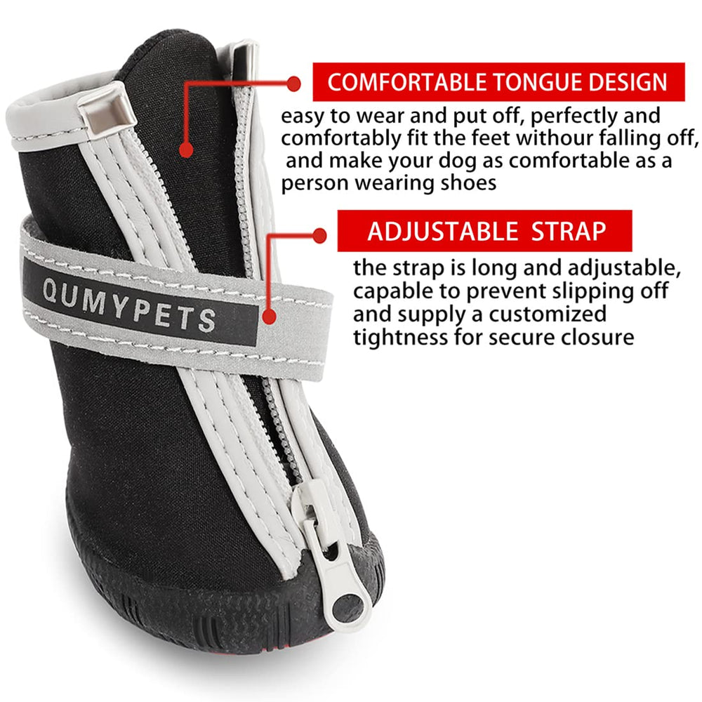 QUMY dog shoes skid-resistant rubber soles provide traction on hard floors.