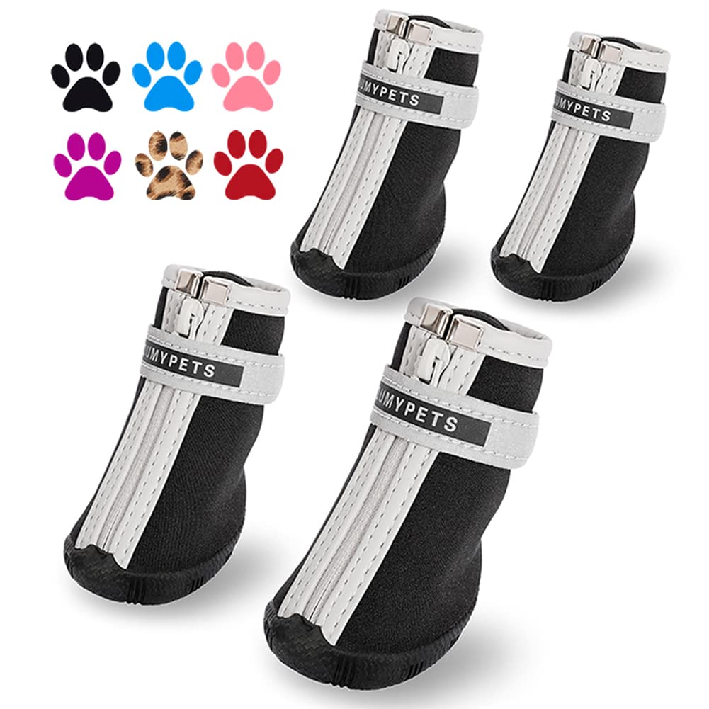QUMY dog shoes on paw with zip closure for easy on/off and secure fit.