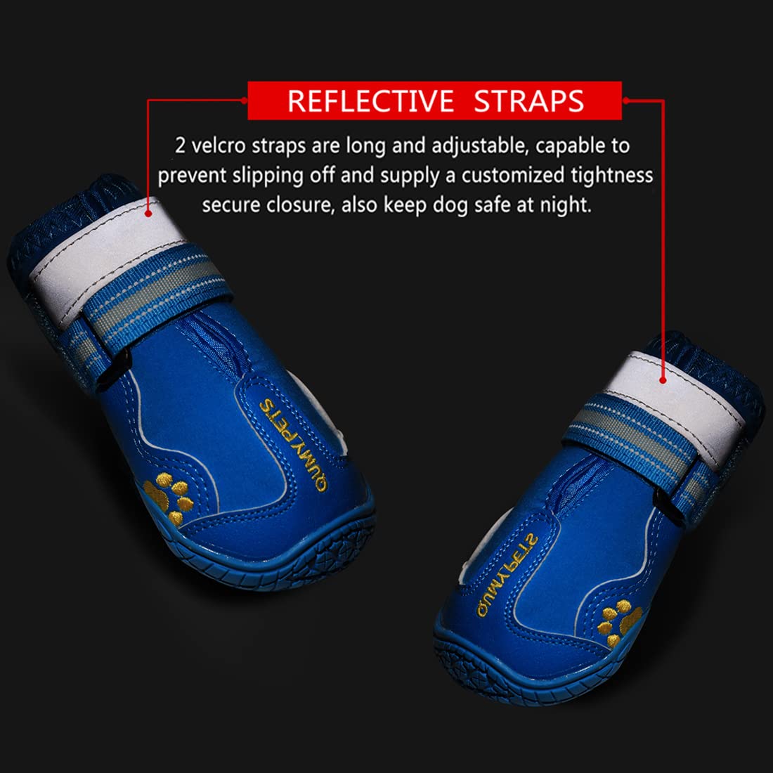 QUMY dog shoes water-resistant material protects paws in rain or slush.