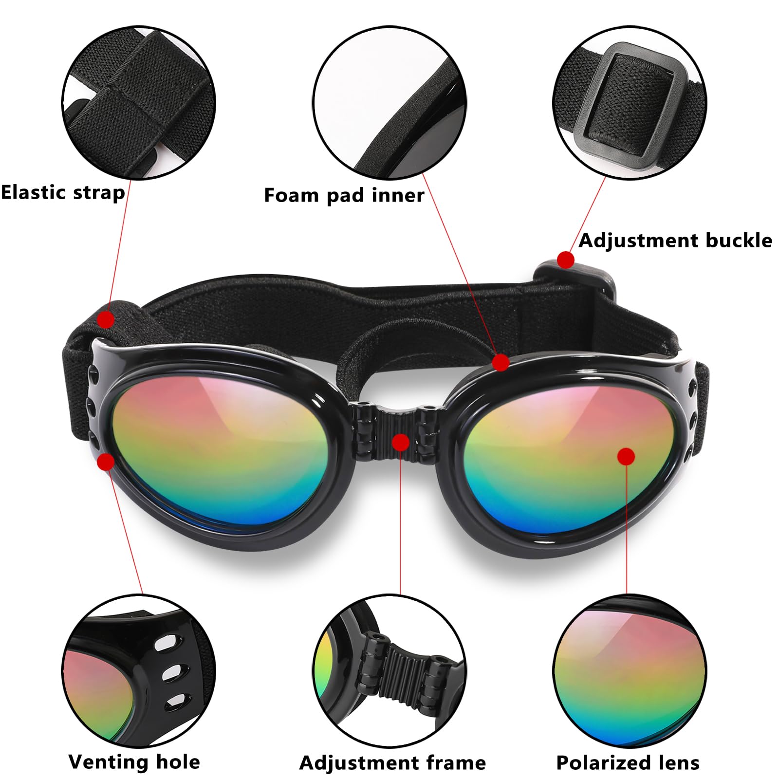 QUMY dog sunglasses worn on a dog to illustrate secure fit and comfort.
