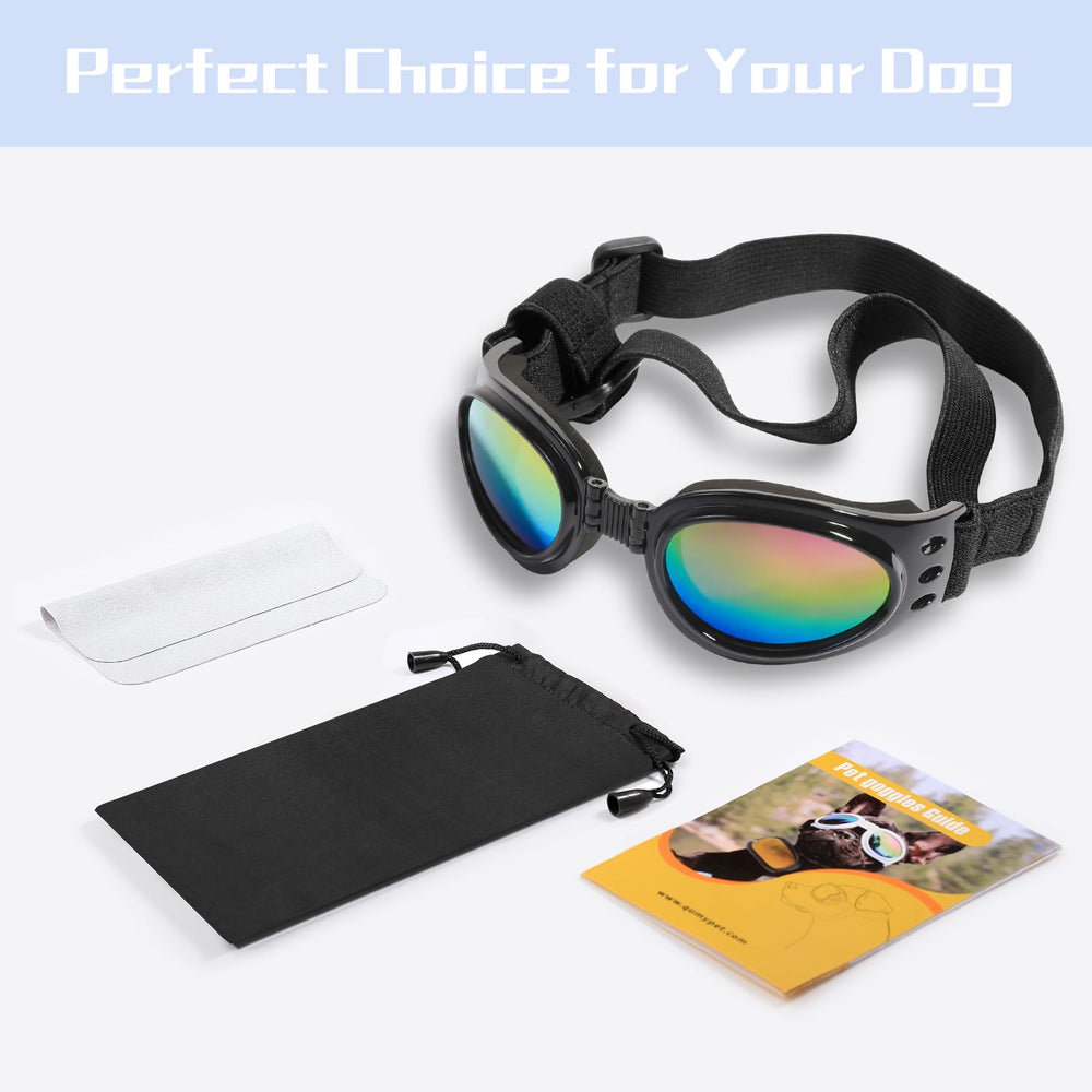 QUMY dog sunglasses feature shatterproof lenses for rugged outdoor activities.