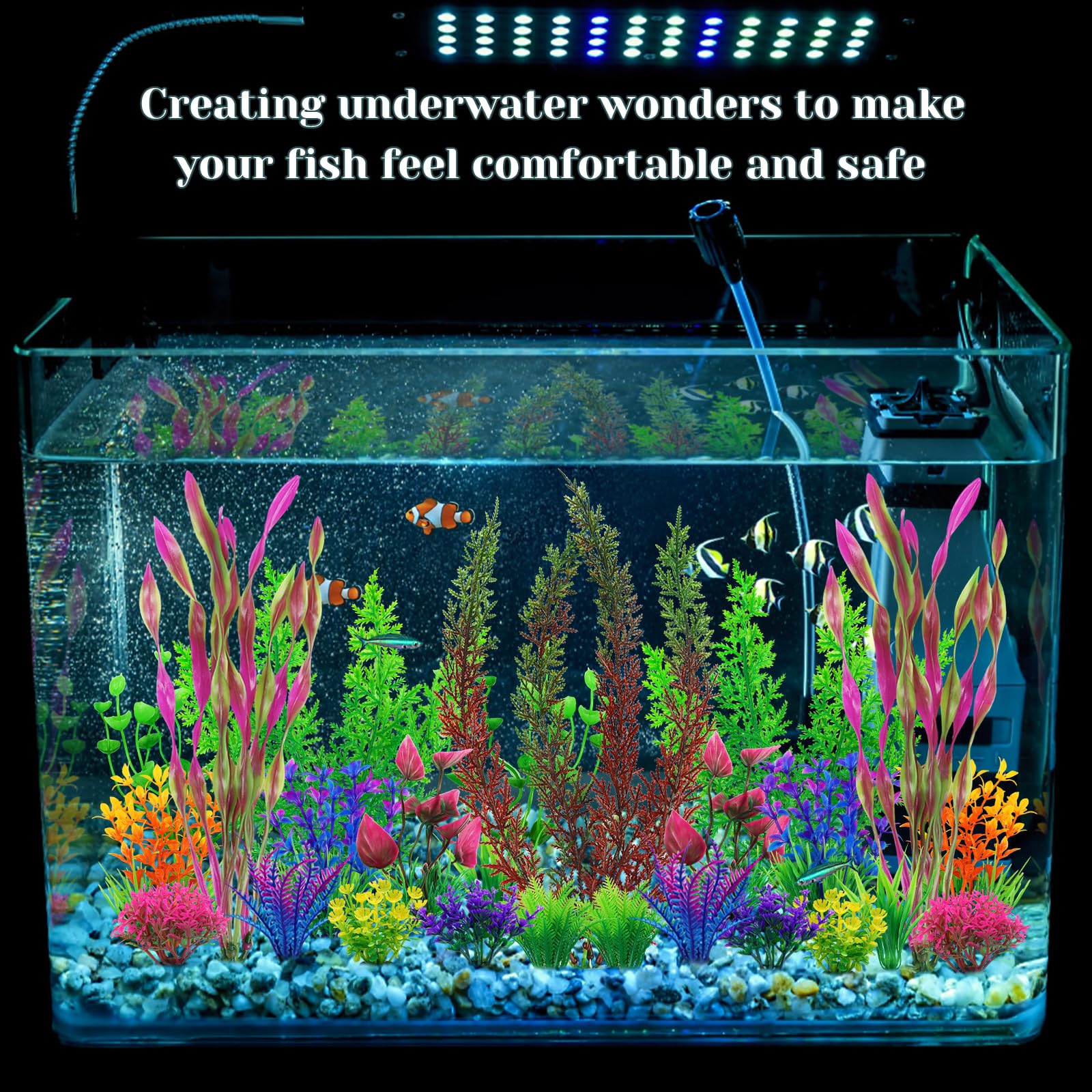 QUOZUO aquarium decor includes plant bases anchoring into gravel for stable tank setup.