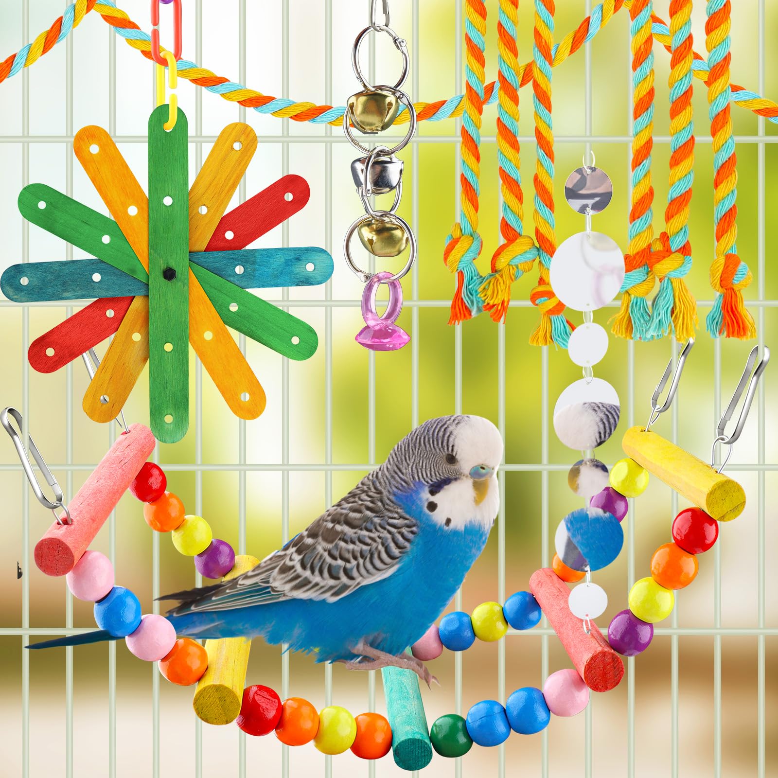 QUOZUO colorful wood hanging toy enhances climbing and exploration for birds