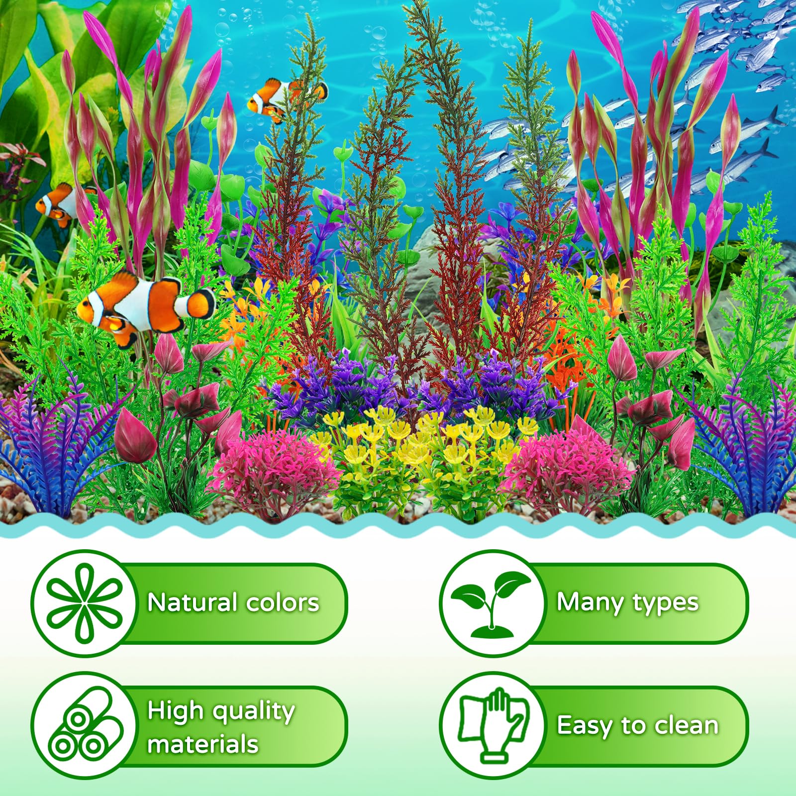 QUOZUO plastic aquarium plants with multiple heights provide natural-looking hiding spots for fish.