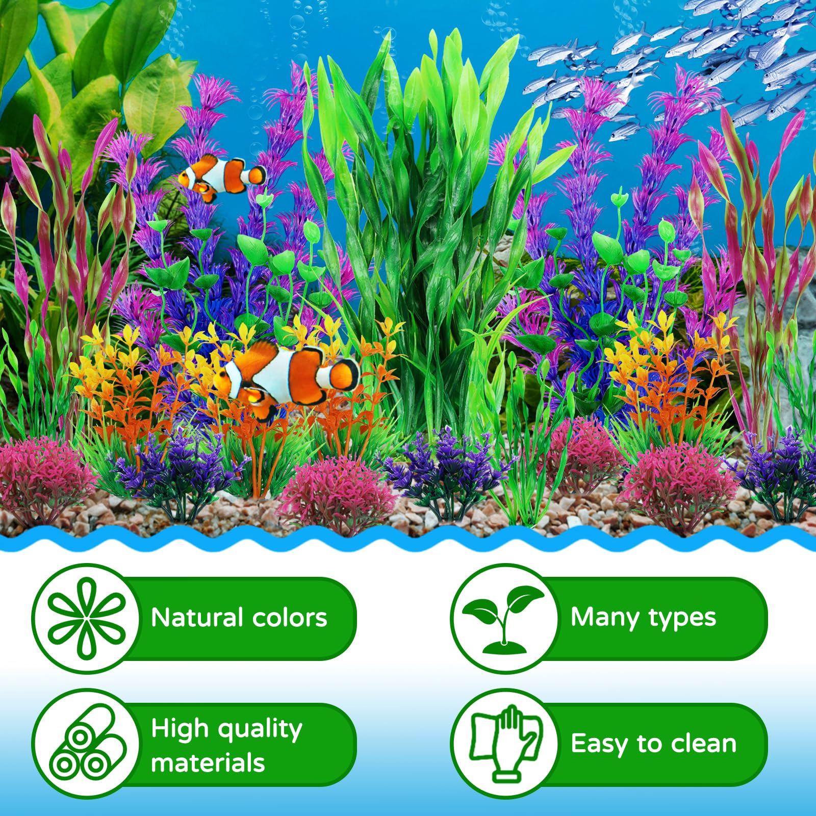 QUOZUO fish tank plants in orange and pink brighten the aquarium atmosphere.