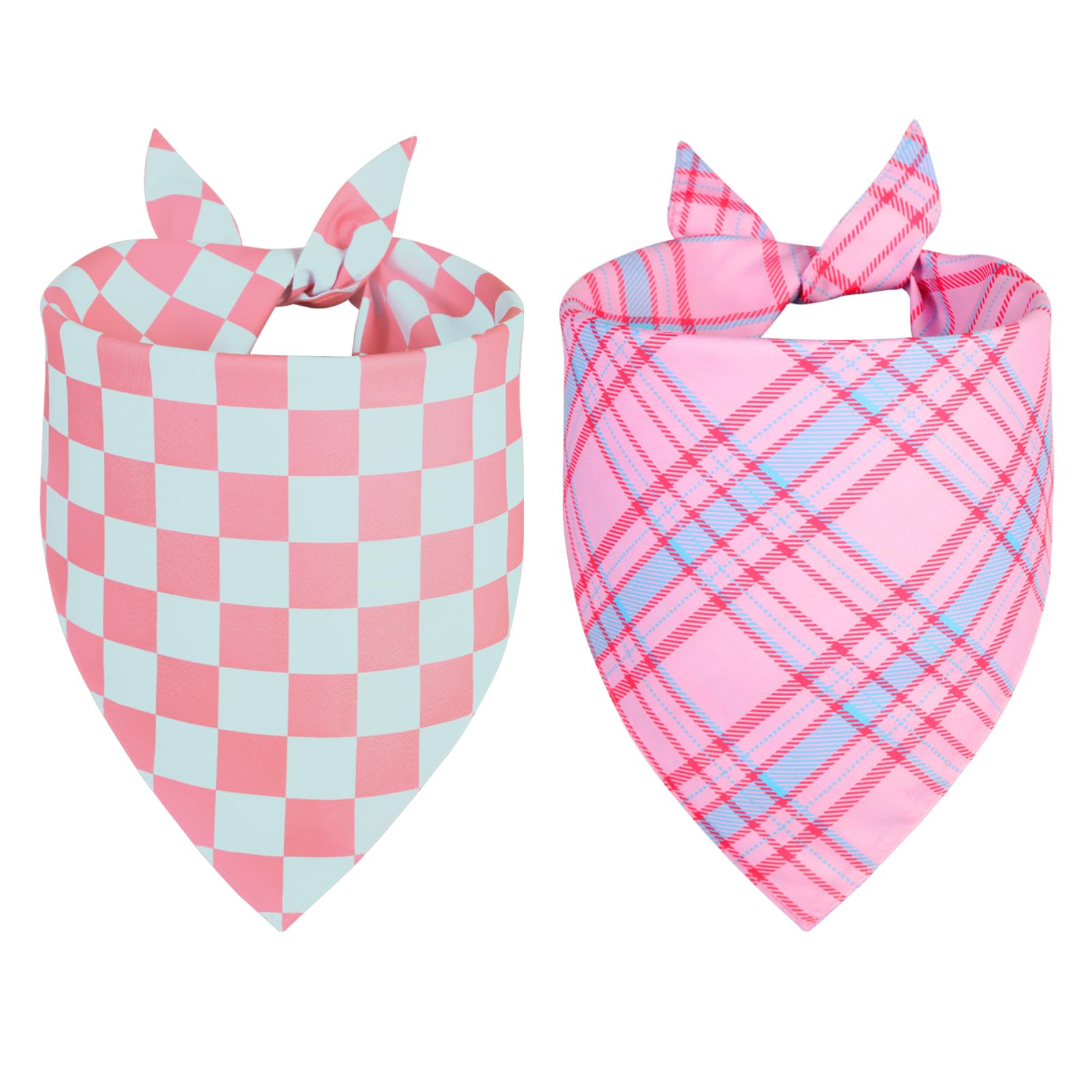 QUQULE dog bandana pink-blue plaid front view boosts spring style for pets
