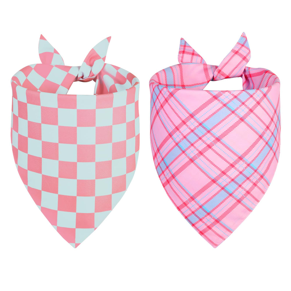 QUQULE dog bandana pink-blue plaid front view boosts spring style for pets