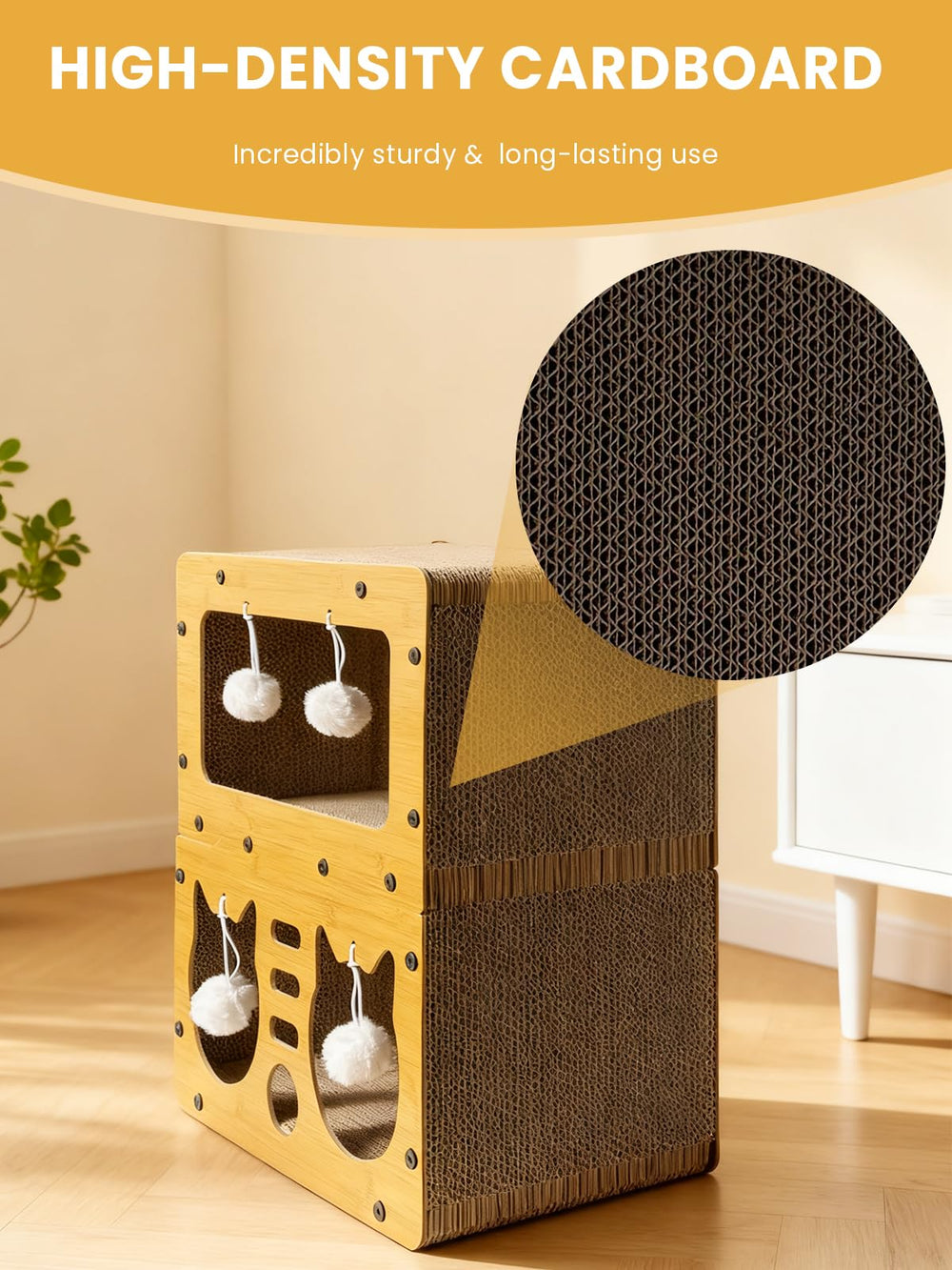 QUTUNI Cardboard Cat House dimensions 20h x 16.5l x 11w offer extra room.