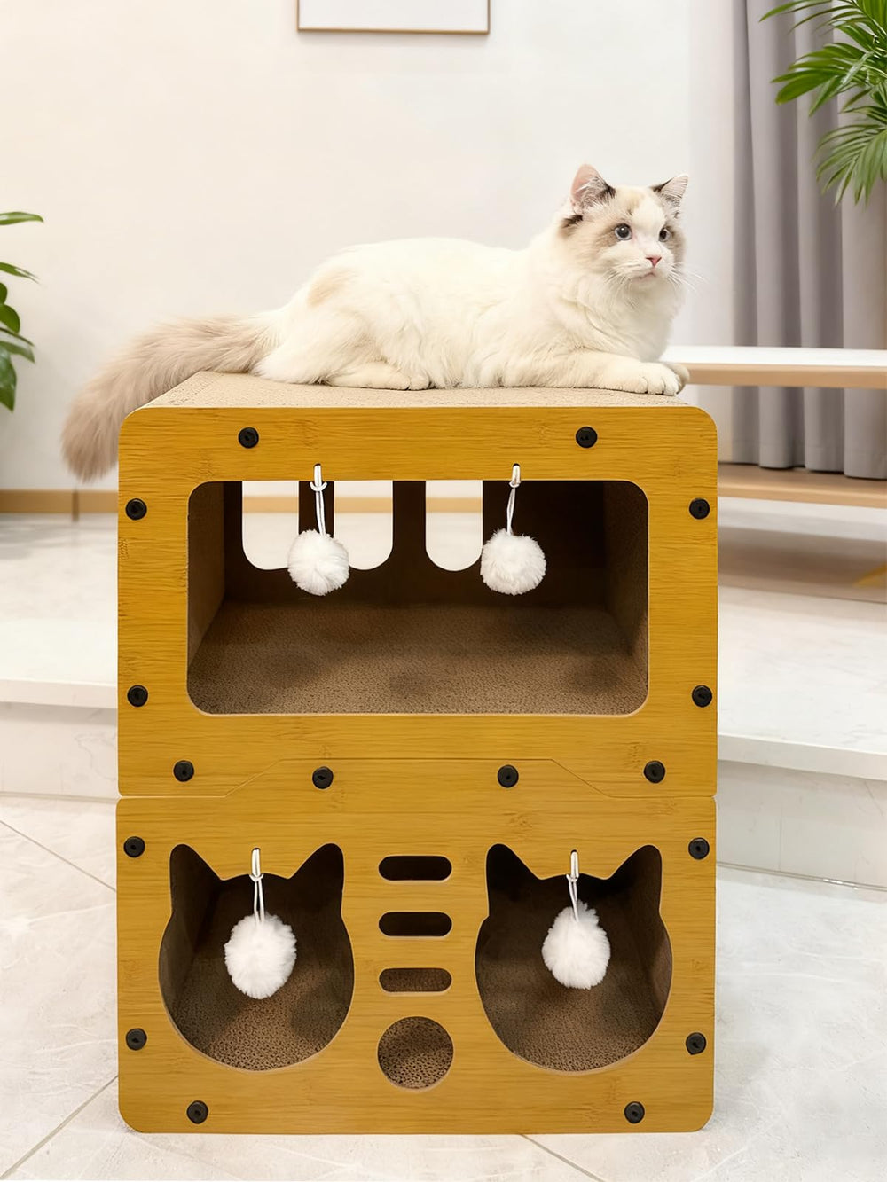 QUTUNI Cardboard Cat House play area with toys boosts indoor fun.