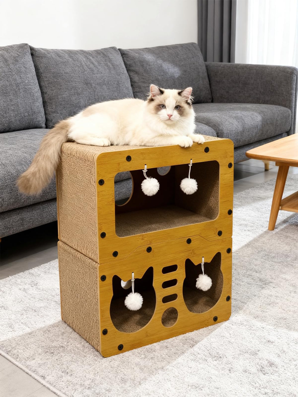 QUTUNI Cardboard Cat House scratch zone encourages claws away from furniture.