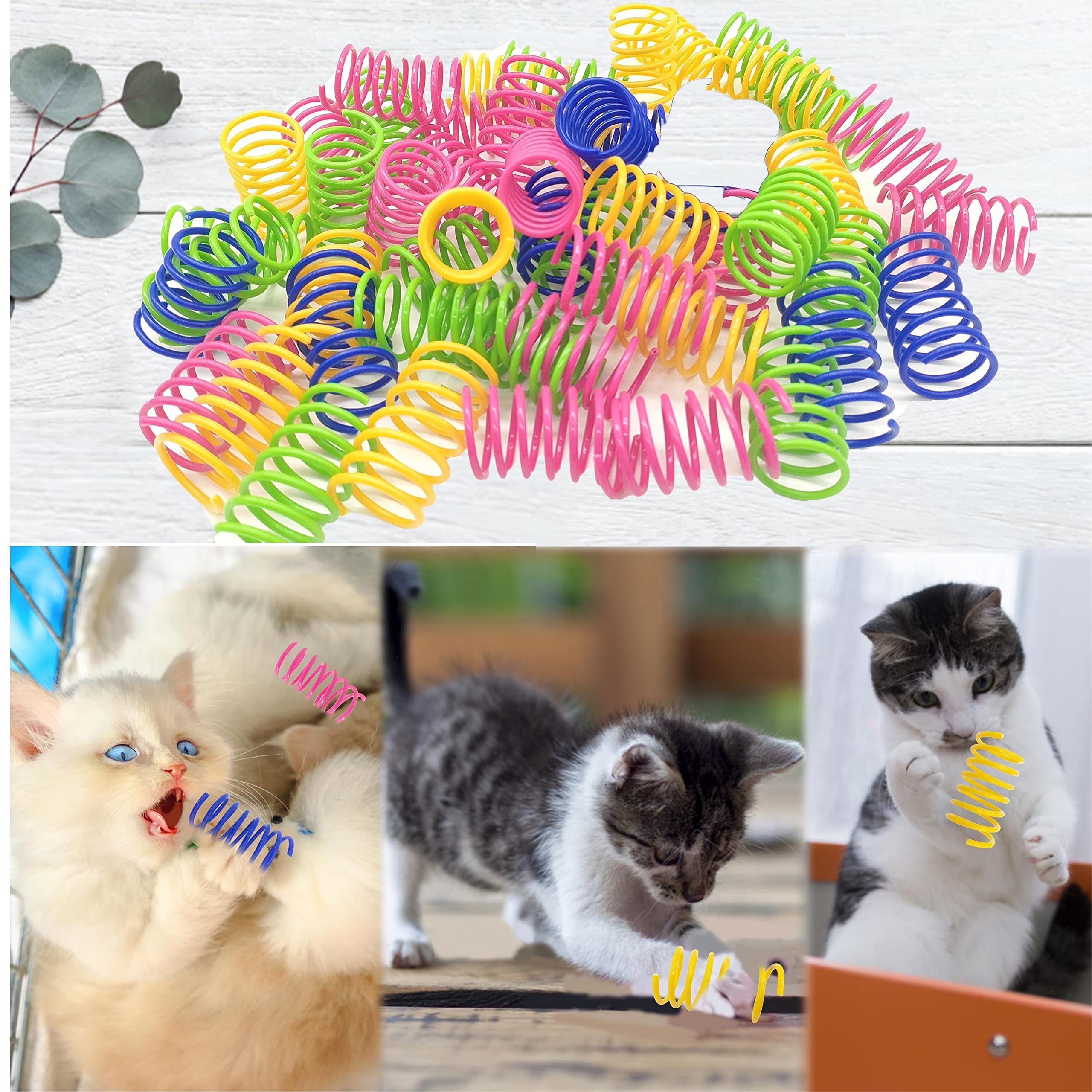 QUVOVID cat spring toy closeup emphasizes durable non-toxic plastic for safe play.