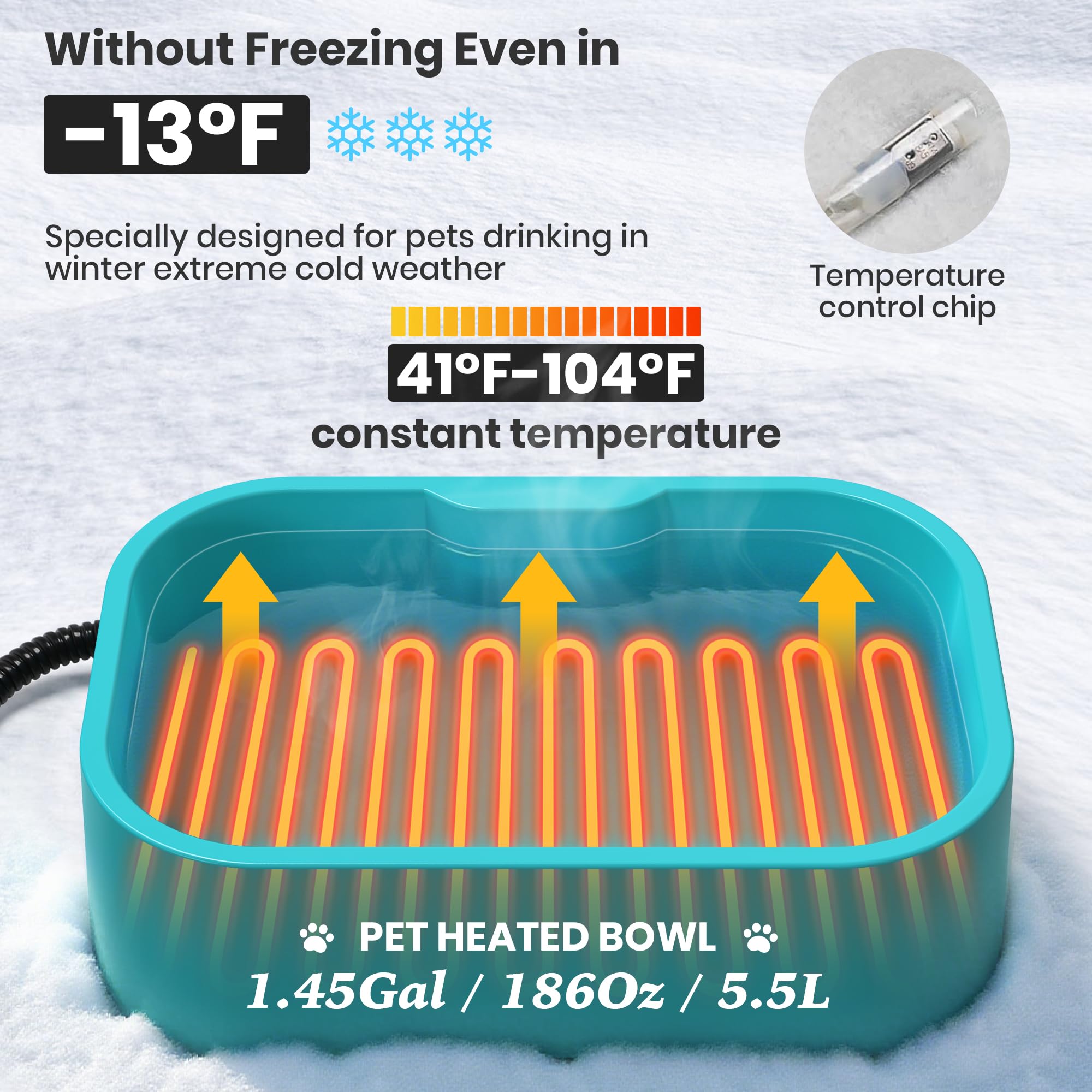 Qvamodo extralarge heated water bowl keeps warm water ready for multi-pet outdoor use.