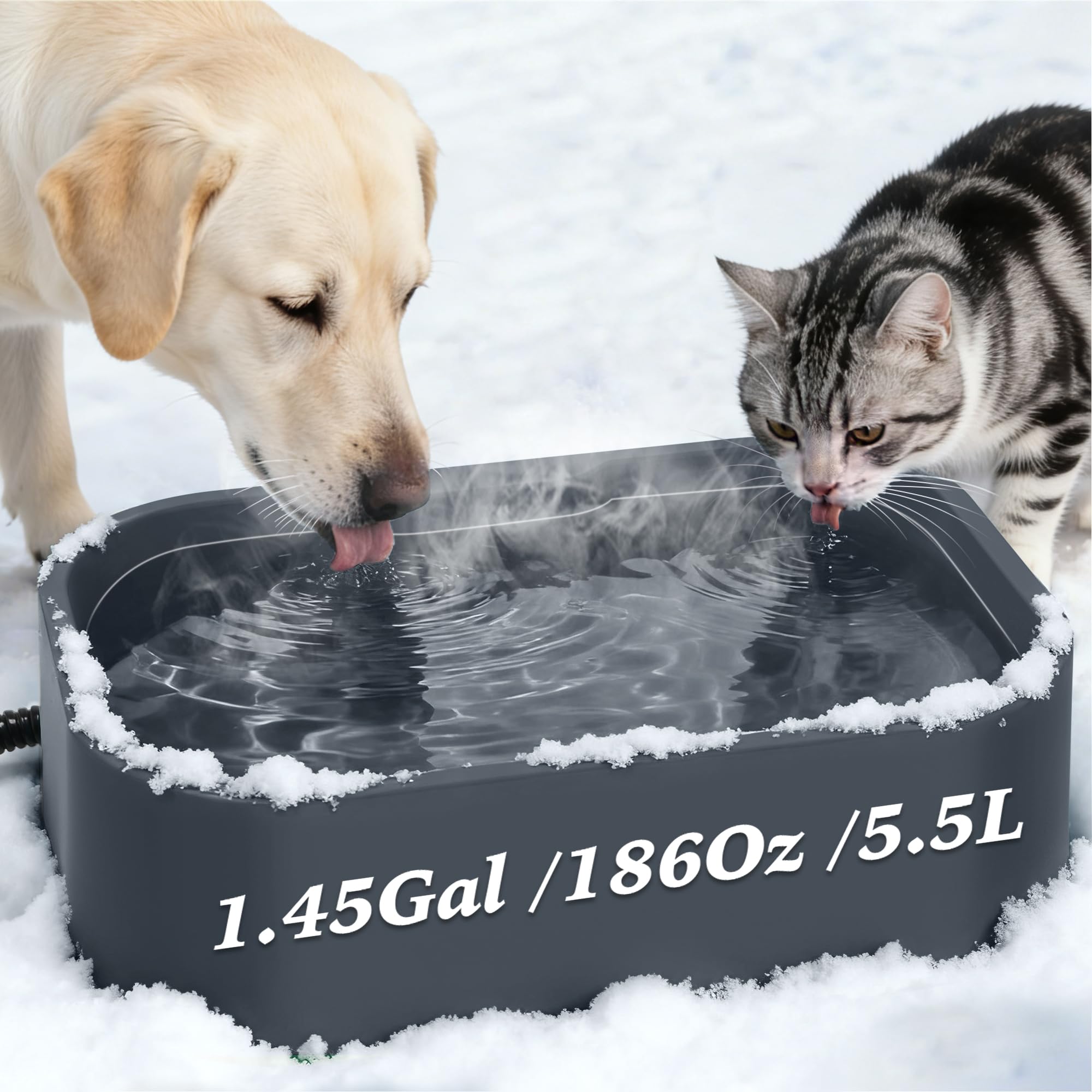 Qvamodo heated water bowl exterior grey demonstrates durable outdoor-ready design for winter hydration