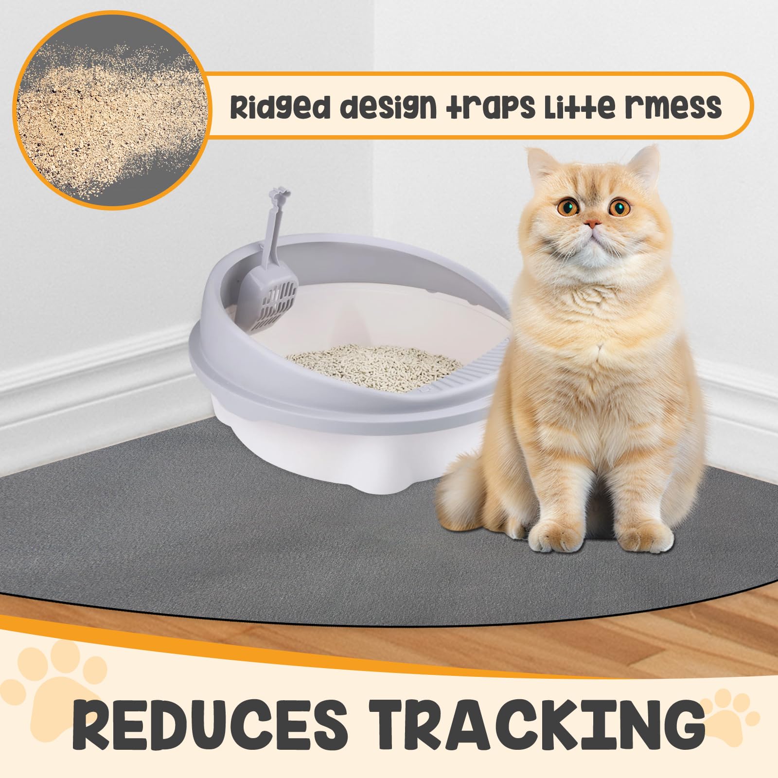 QVEEQ Corner Cat Litter Mat arrives in gray and blends with decor.