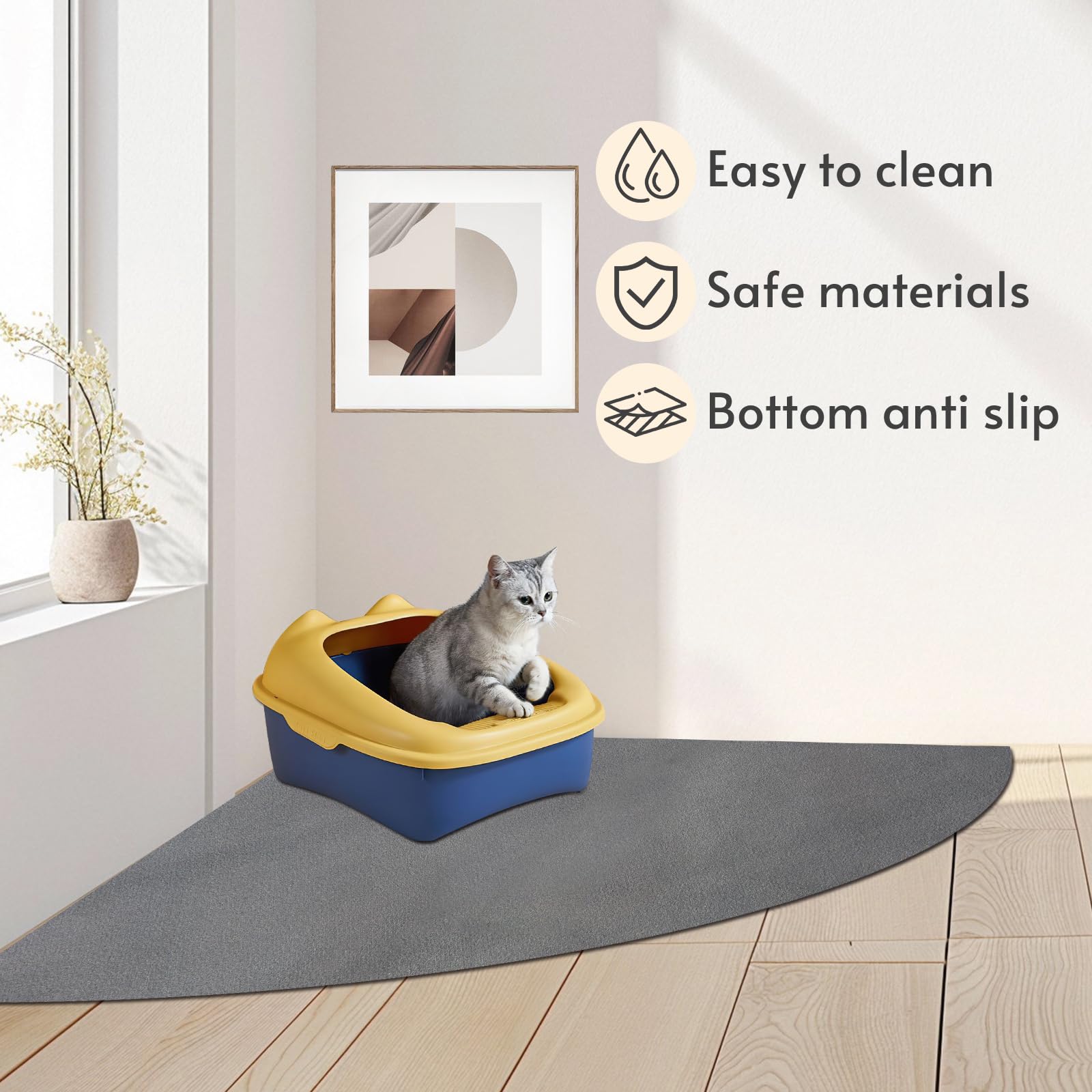 QVEEQ Corner Cat Litter Mat features non-slip bottom to stay in place.