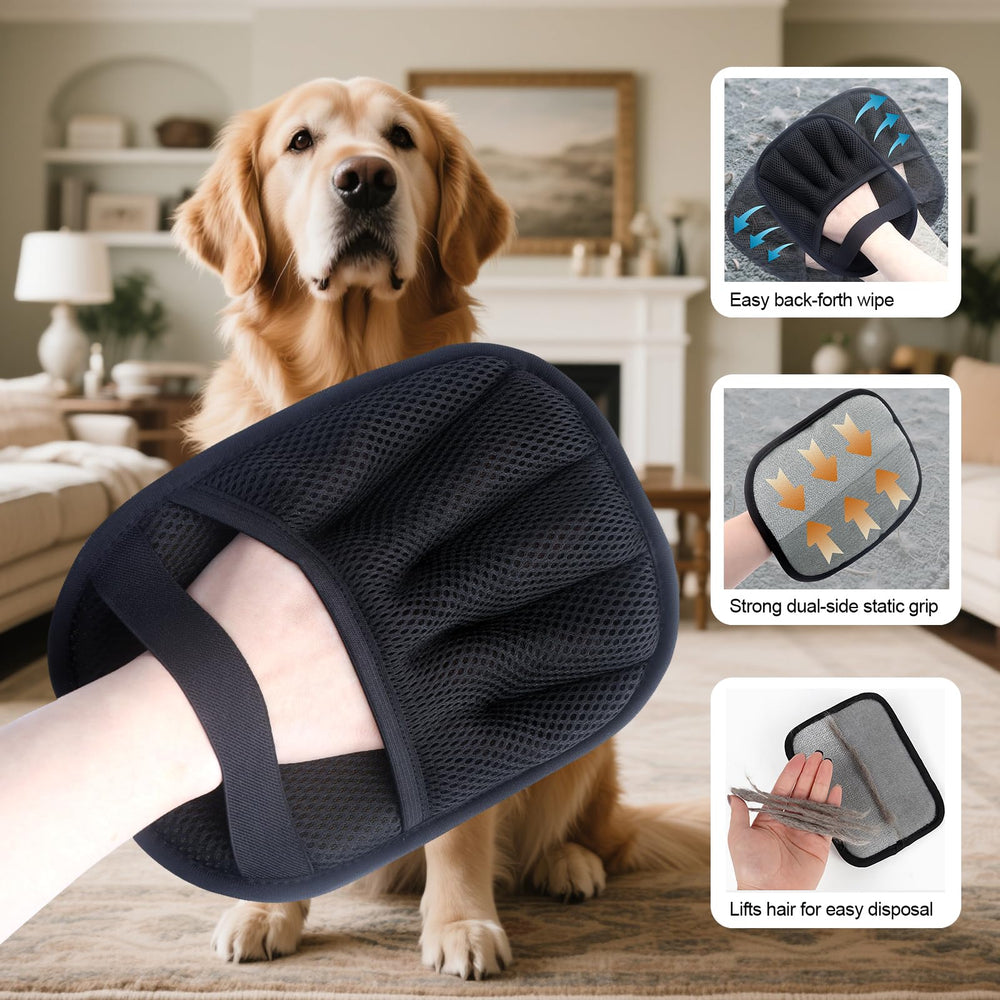 QVJFZUD pet hair removal glove includes free silicone finger toothbrushes for dental care.