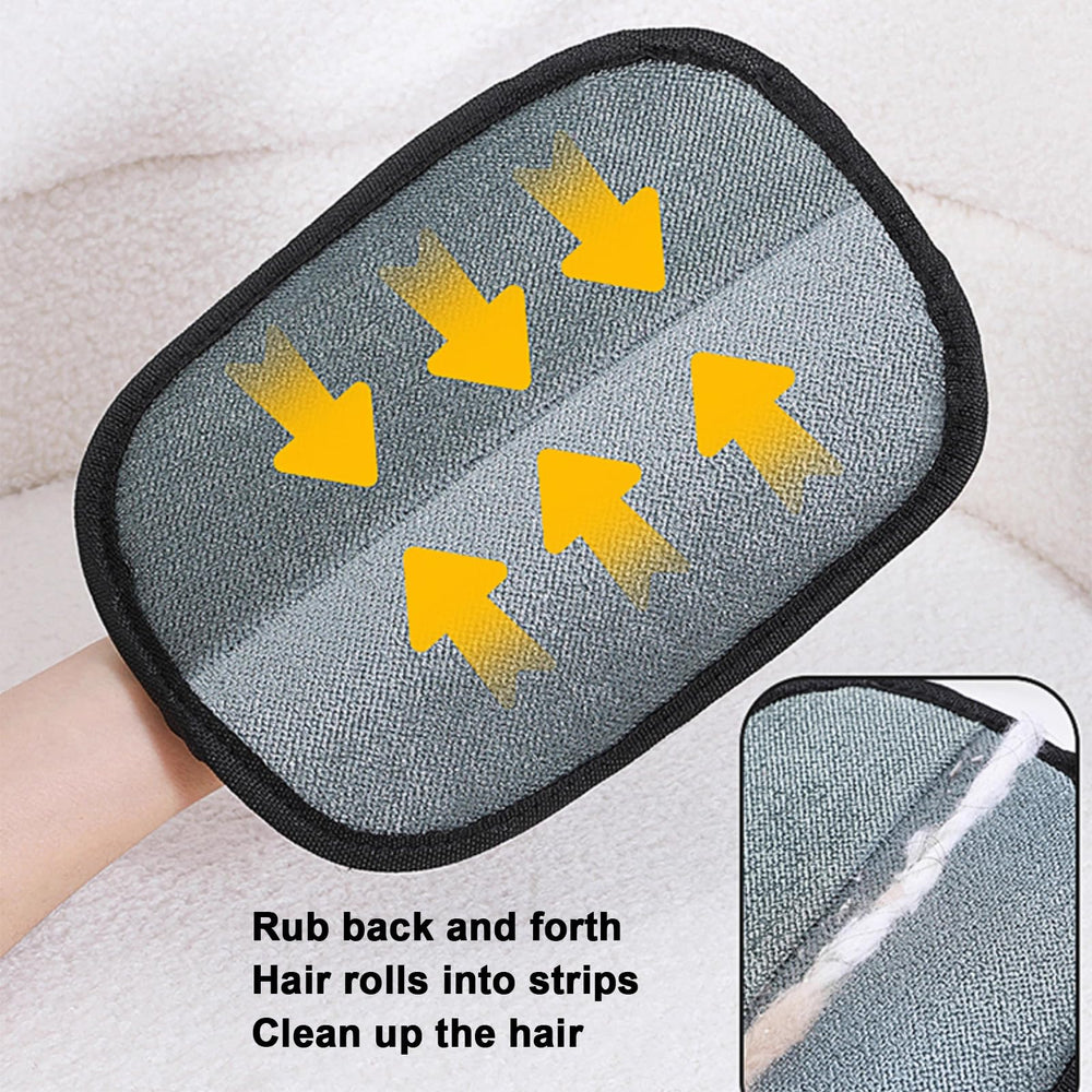 QVJFZUD pet hair removal glove on car seat illustrates mess-free hair collection and logs.