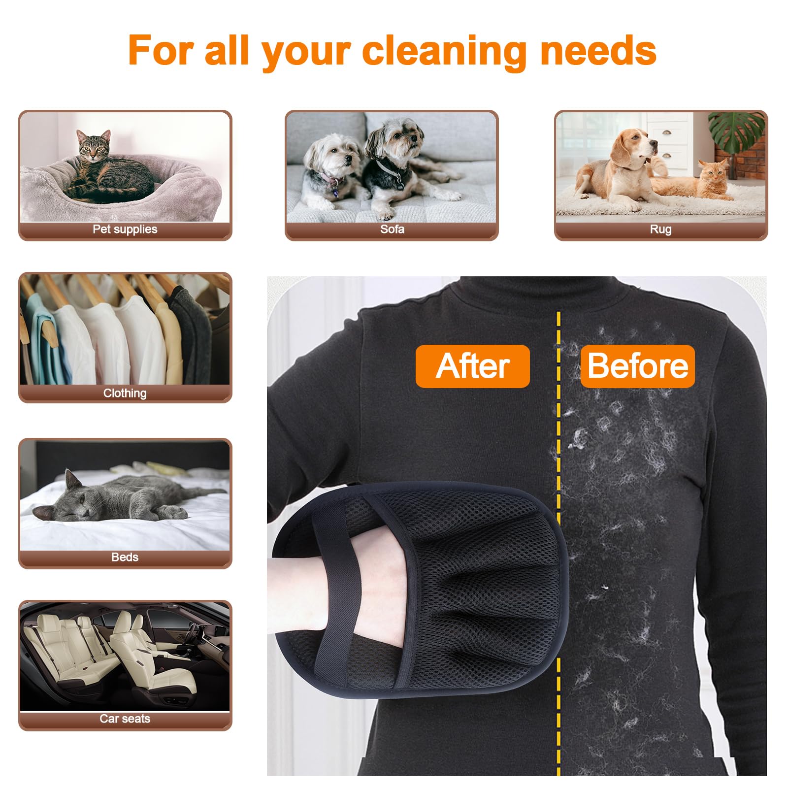 QVJFZUD pet hair removal glove on sofa shows 2-in-1 grooming and hair removal.