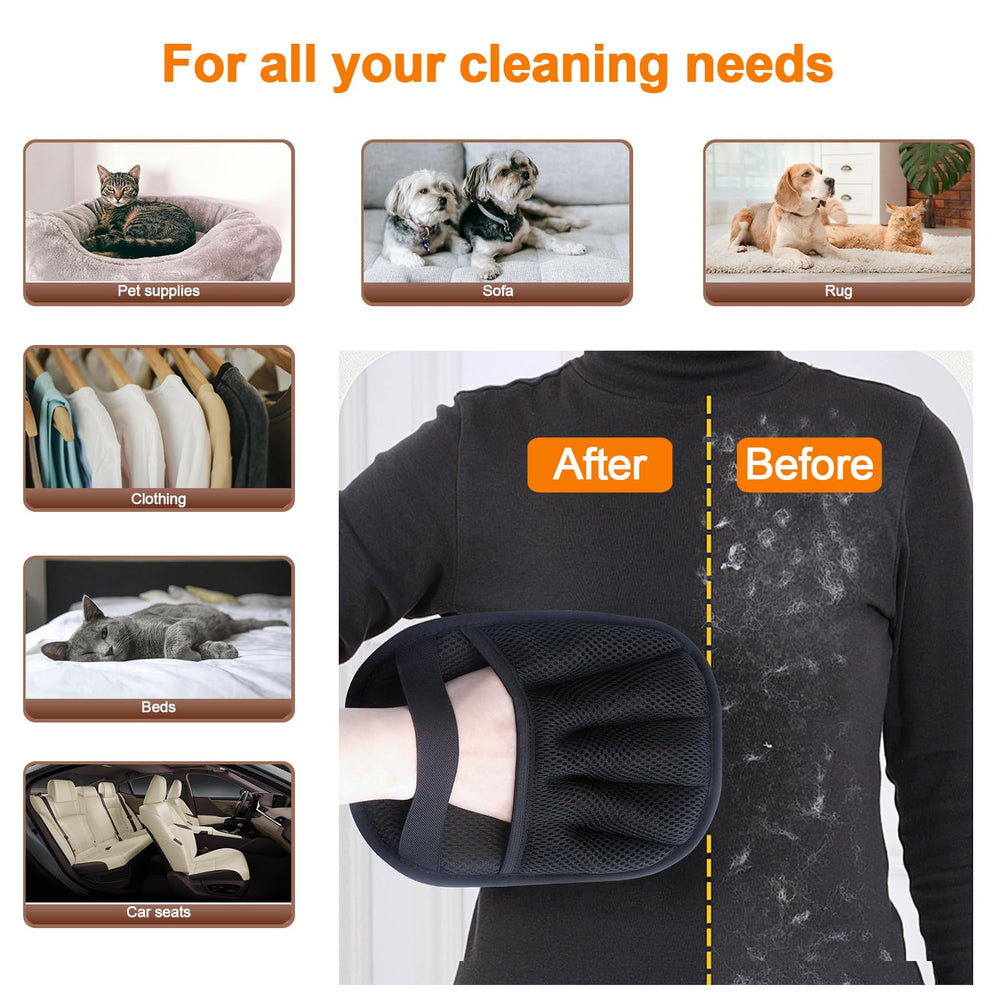 QVJFZUD pet hair removal glove on sofa shows 2-in-1 grooming and hair removal.