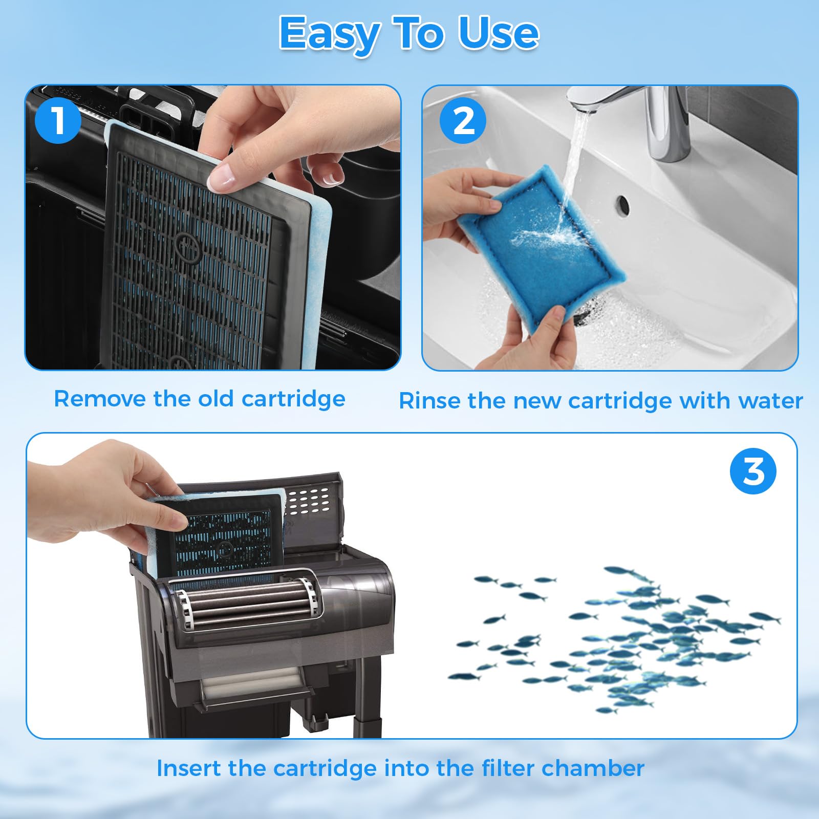 Qwakay easy installation step shows quick cartridge change and cold-water rinse.