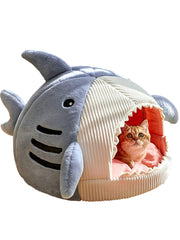 QWINEE Shark-Shaped Cat Mat Bed front view showcases cozy blue den for calm naps.