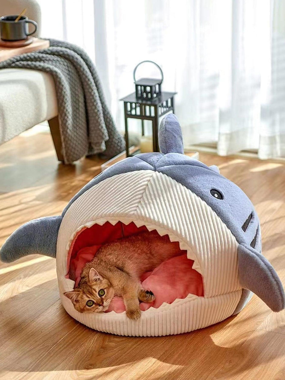 QWINEE Shark-Shaped Cat Mat inside shot emphasizes plush warmth and semi-closed retreat.
