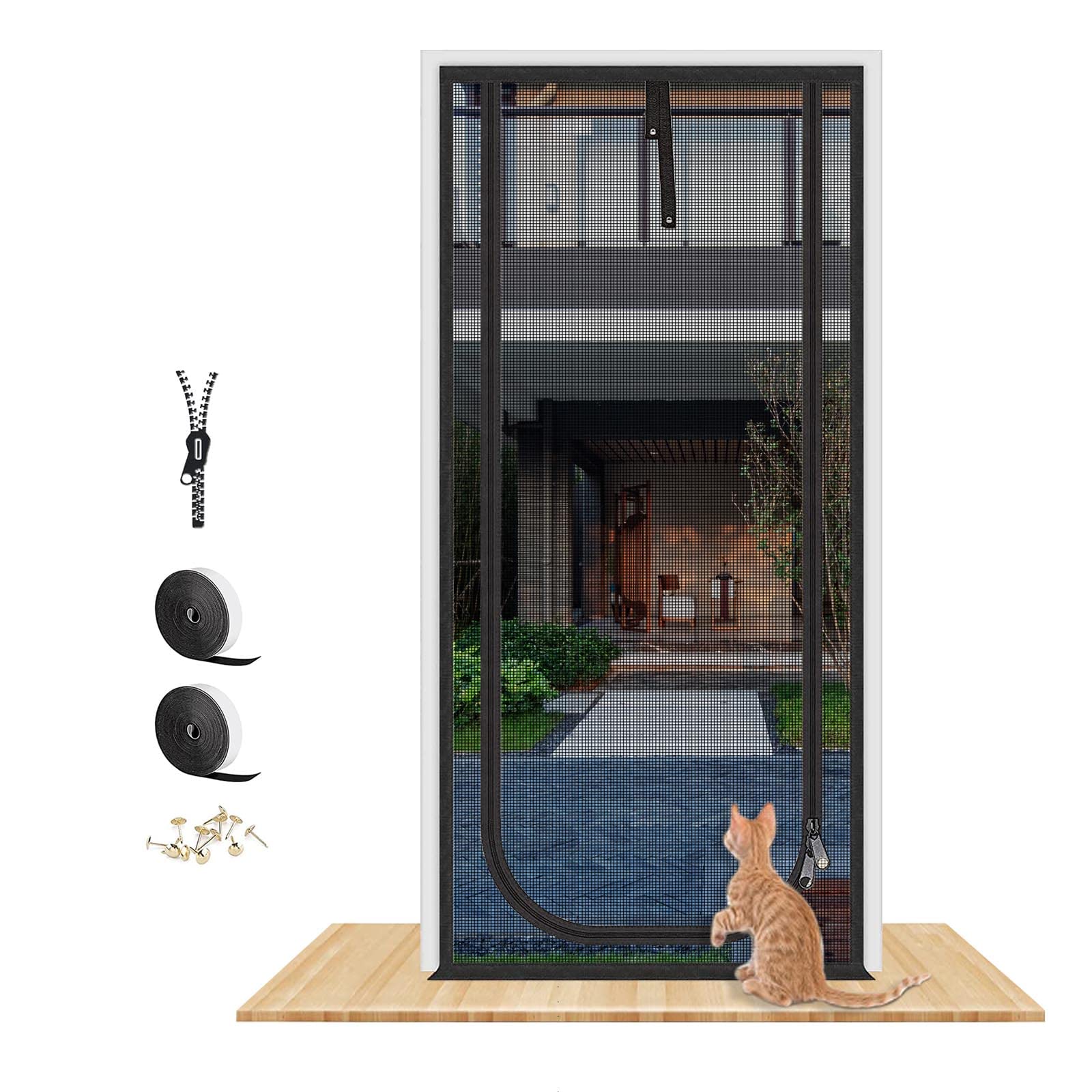 QWR reinforced cat screen door demonstrates 38x82 fit with durable mesh for airflow and pet safety.