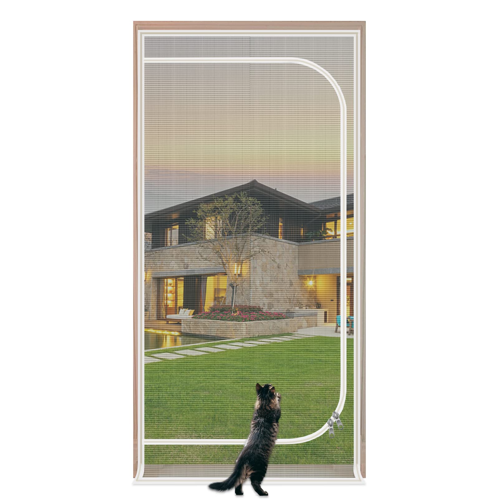 QWR reinforced-cat-screen-door close-up zipper detail for secure pet access control.