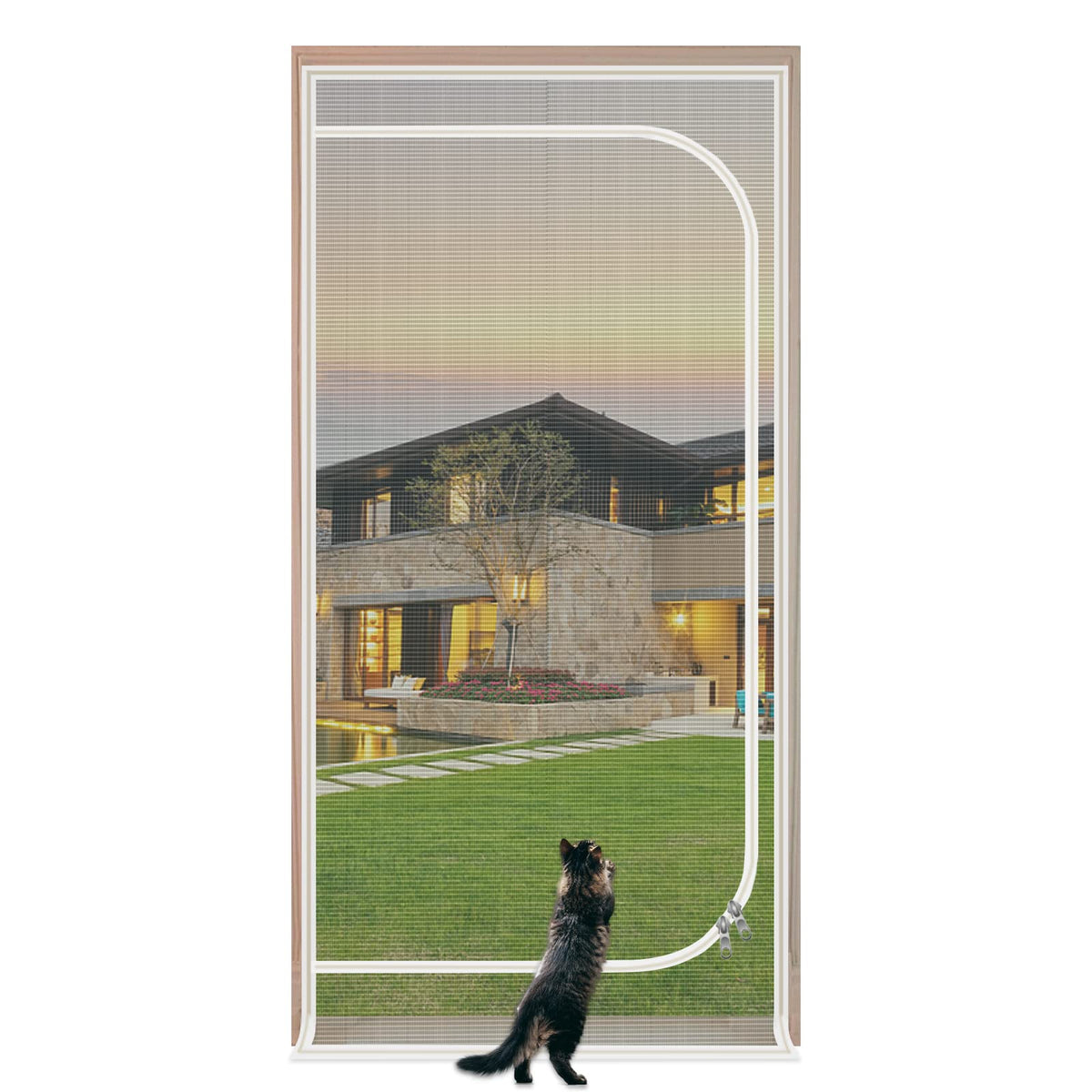 QWR reinforced-cat-screen-door close-up zipper detail for secure pet access control.